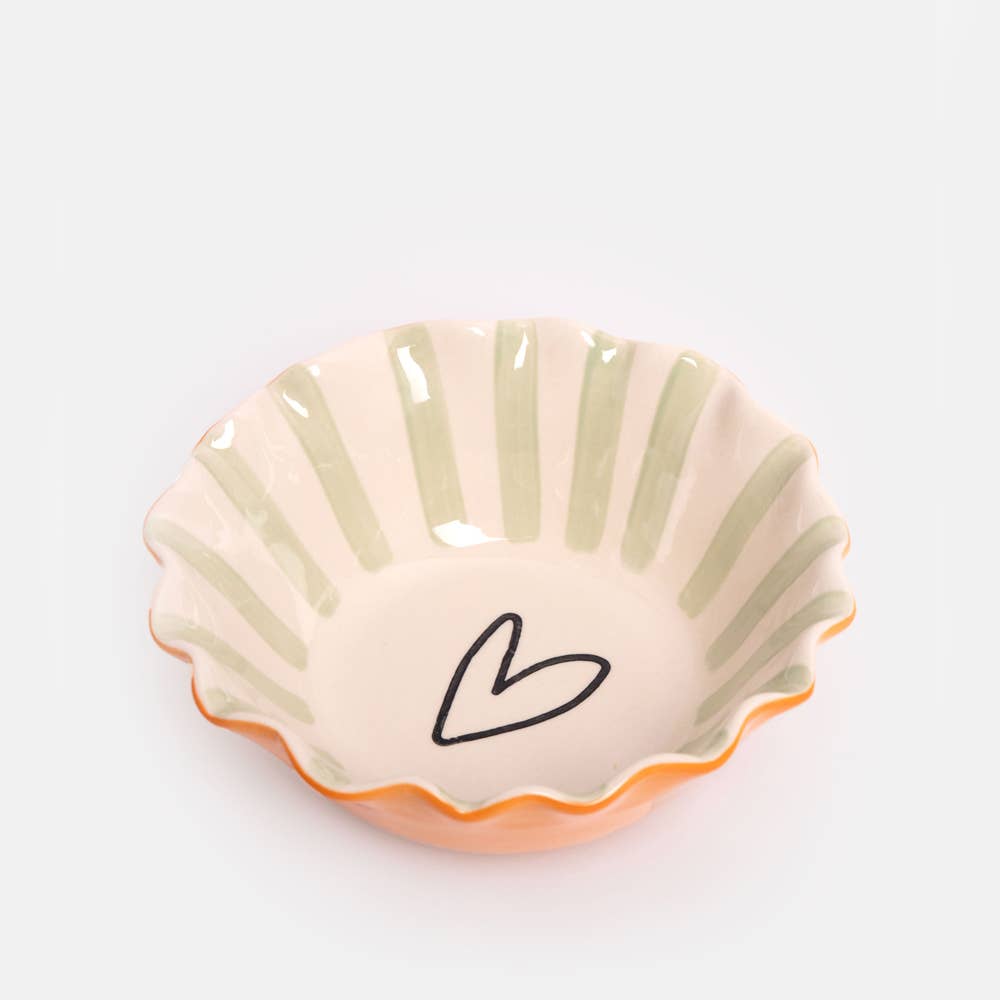 Pale Blue Inside Stripe/Outline Heart Frilly Bowl