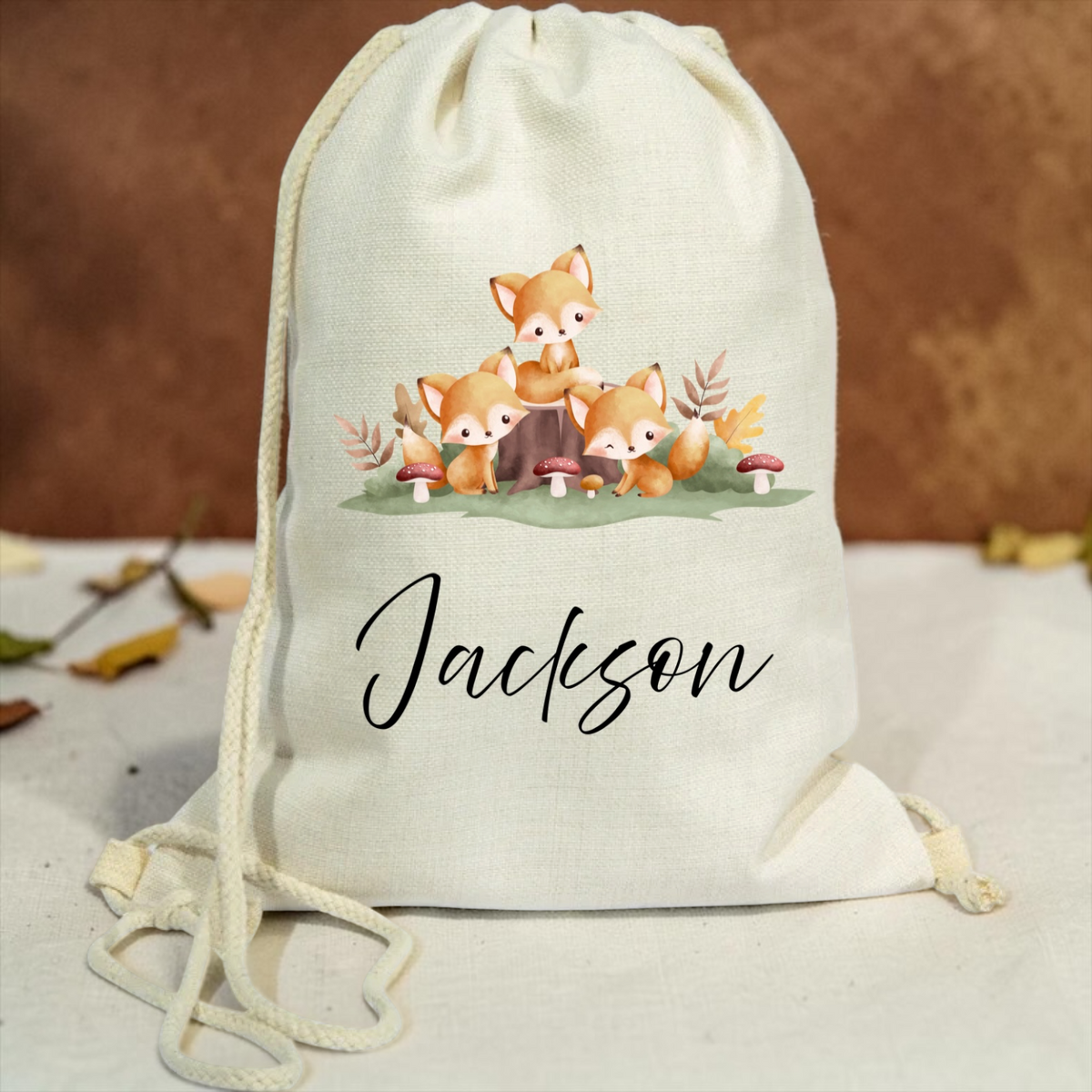Personalised woodland drawstring linen gym bag