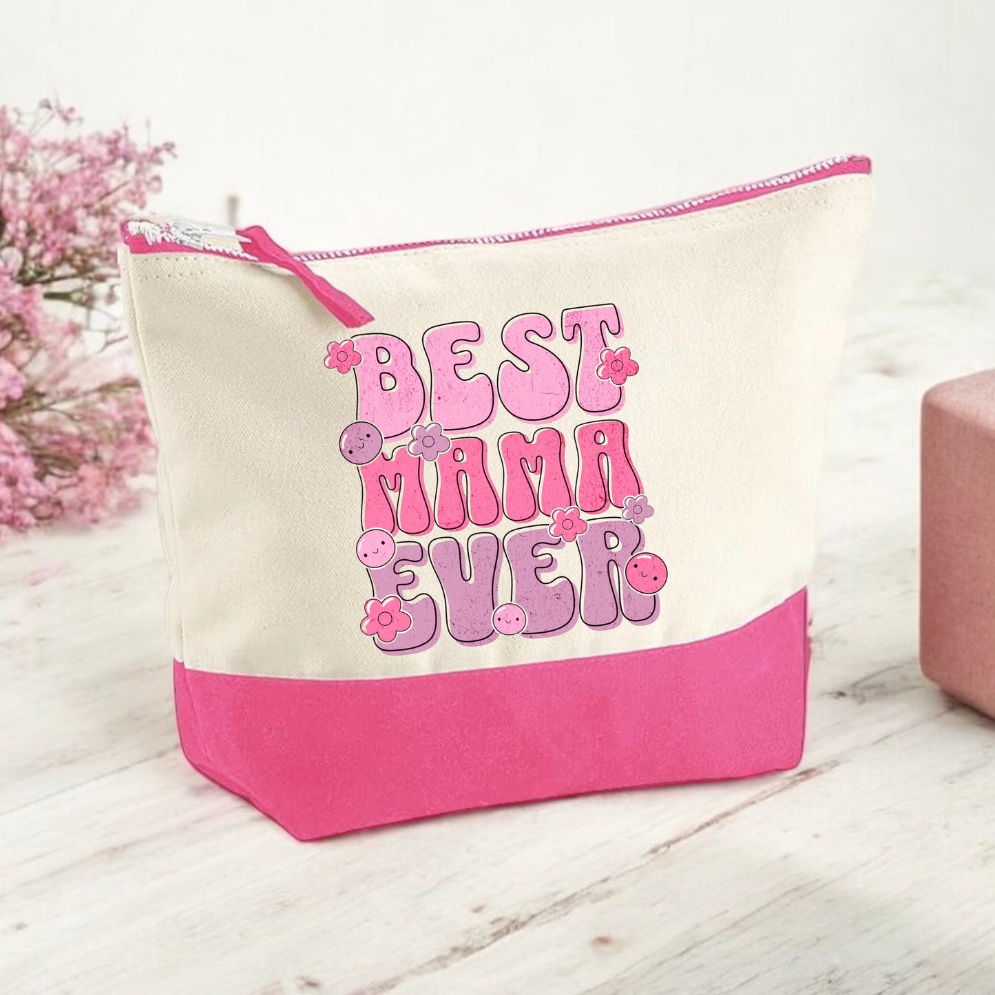 Organic pink Best Mama canvas cosmetic bag
