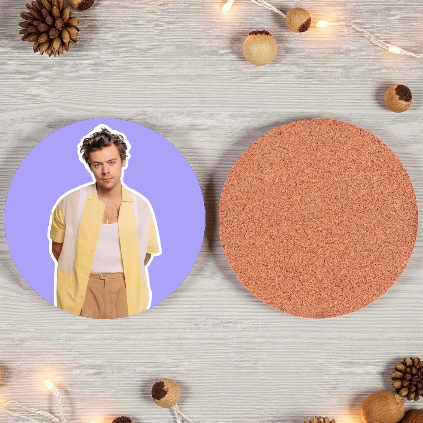 Harry Styles round purple coaster
