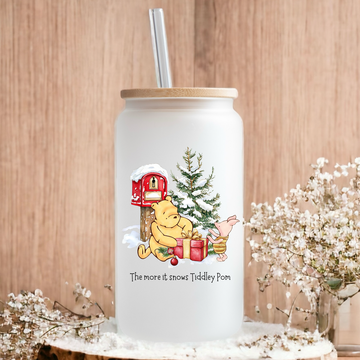 Festive Pooh bear frosted glass tumbler 550ml