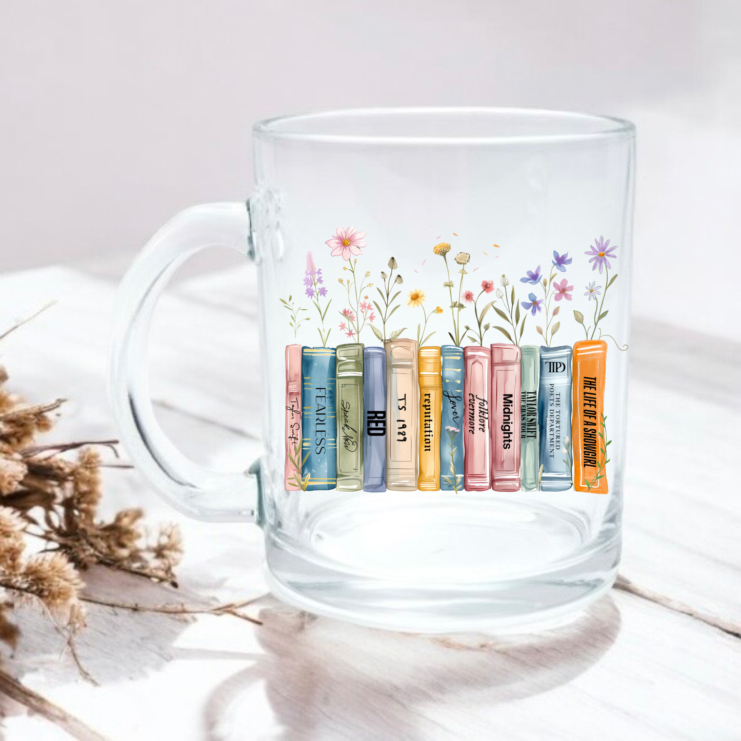 Wildflower album bookshelf 11oz glass mug