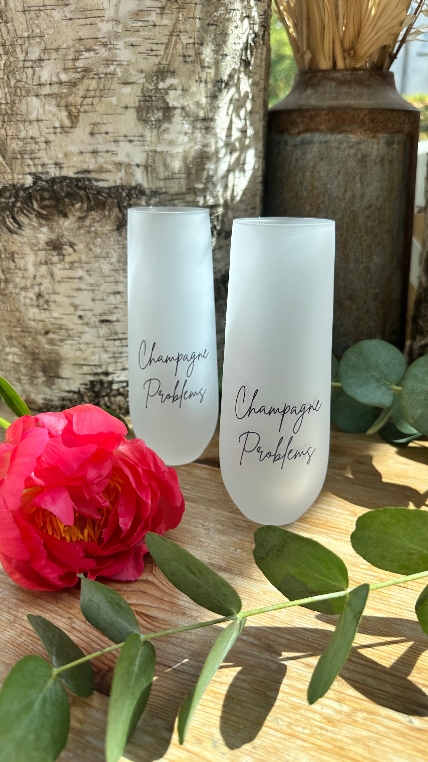 Champagne problems frosted stemless glass