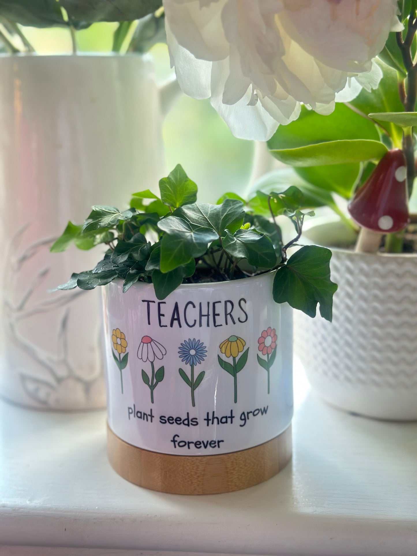 Teacher appreciation ceramic plant pot with bamboo base