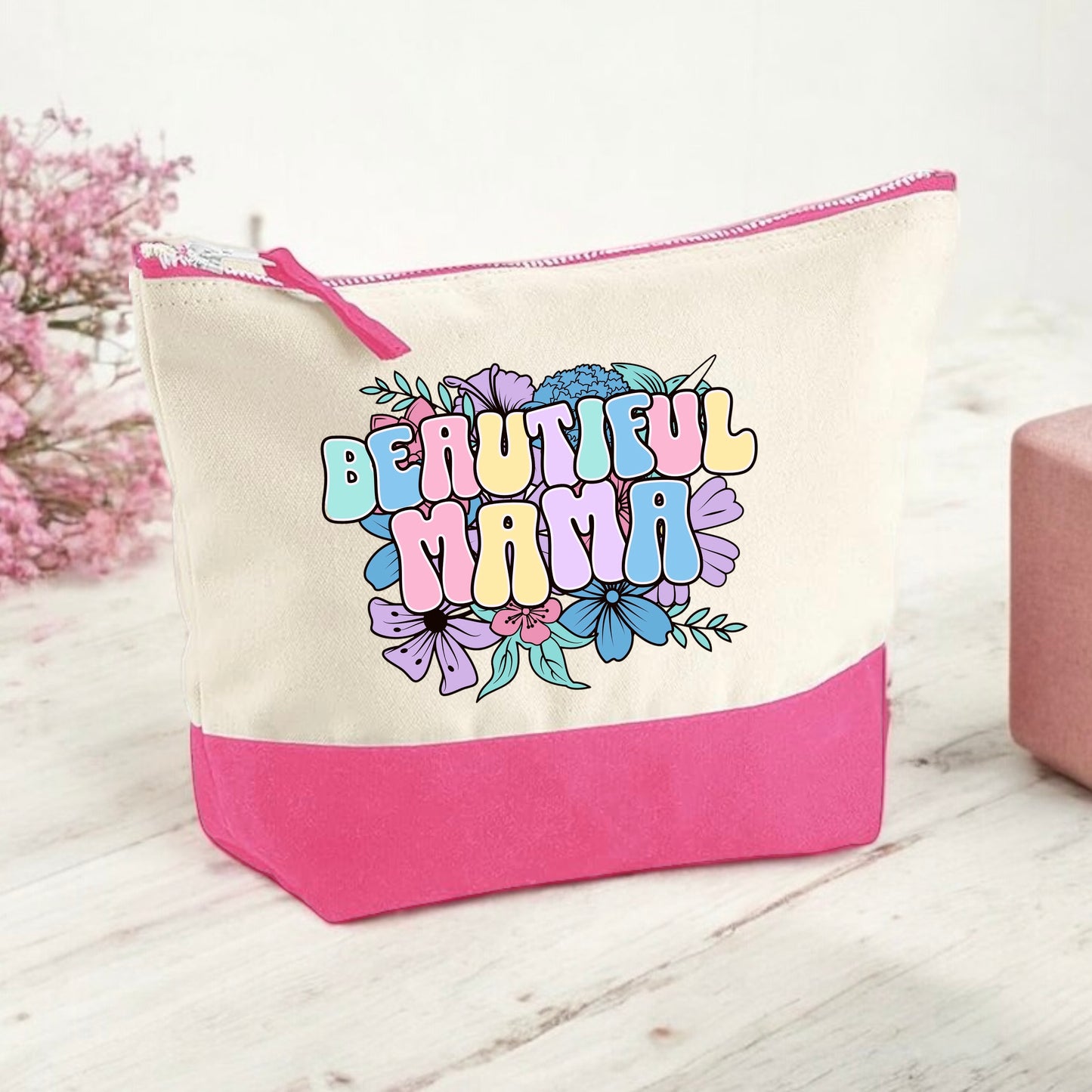 Organic pink Beautiful Mama canvas cosmetic bag