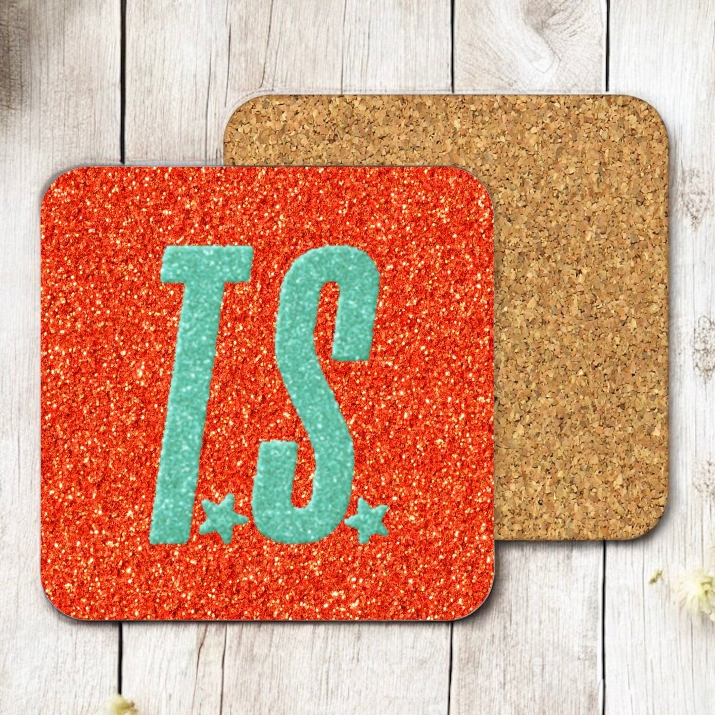 Orange glitter effect square cork coaster