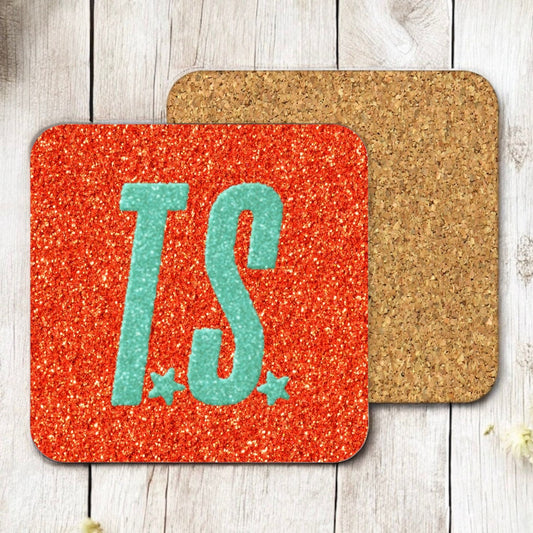 Orange glitter effect square cork coaster