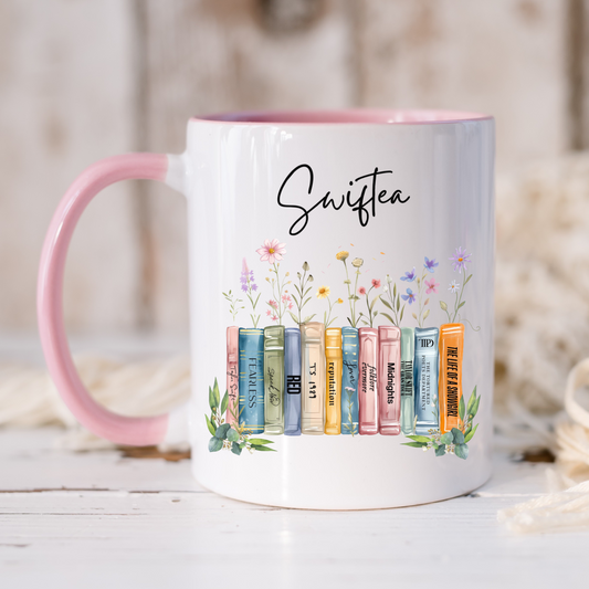 Swiftea albums as books mug with pink handle