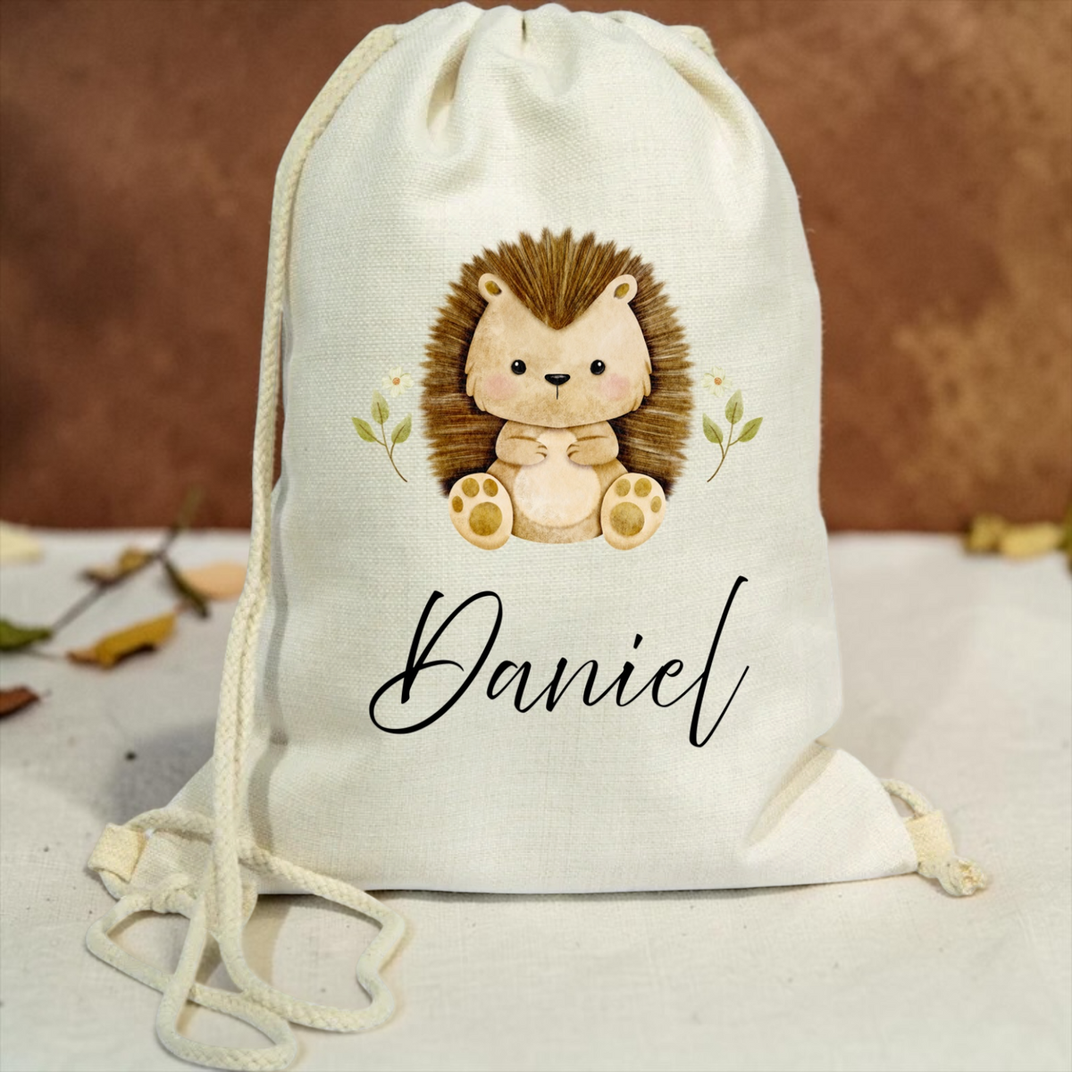 Personalised woodland drawstring linen gym bag