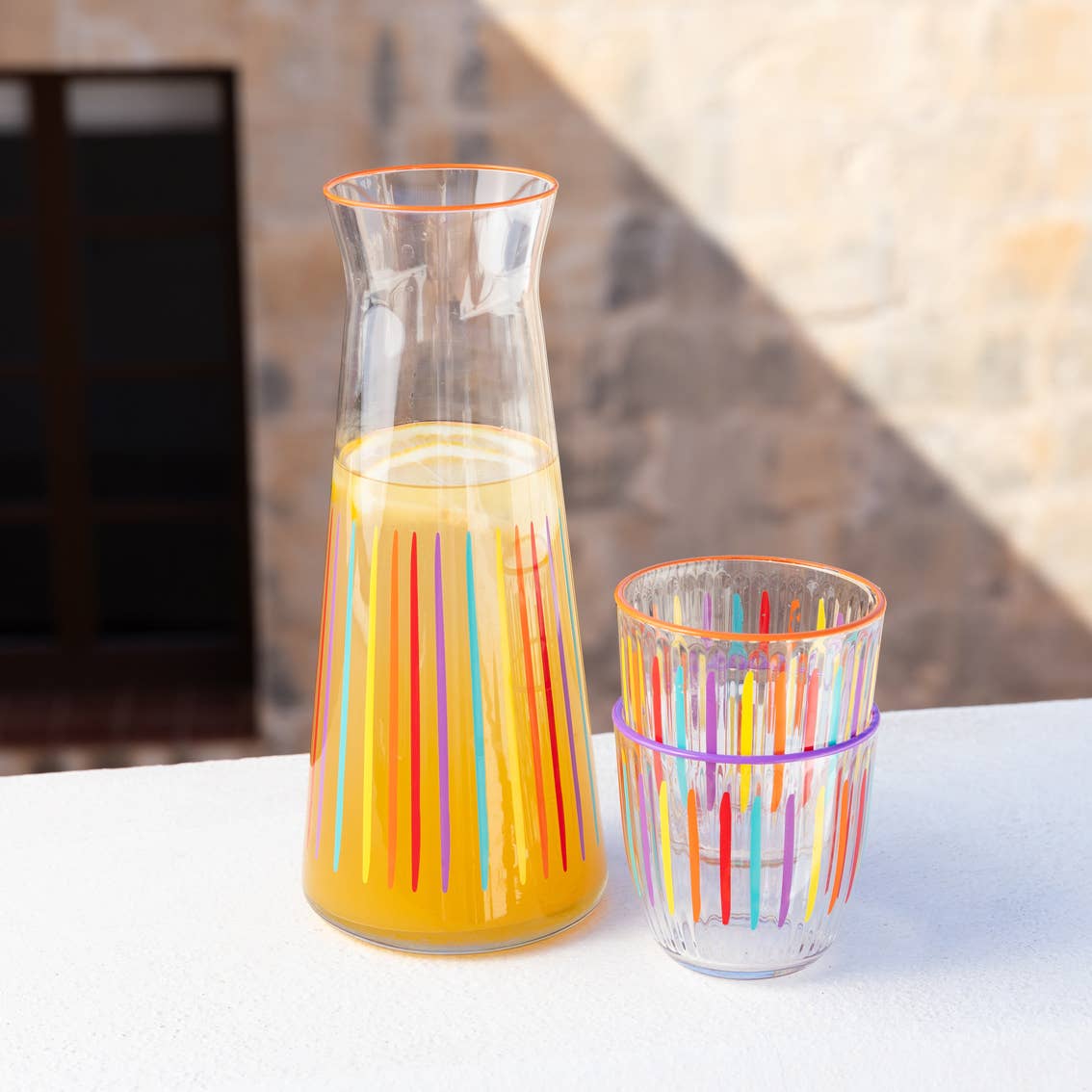 Bright Striped Multi-Coloured Glass Carafe | 25cm | Summer |