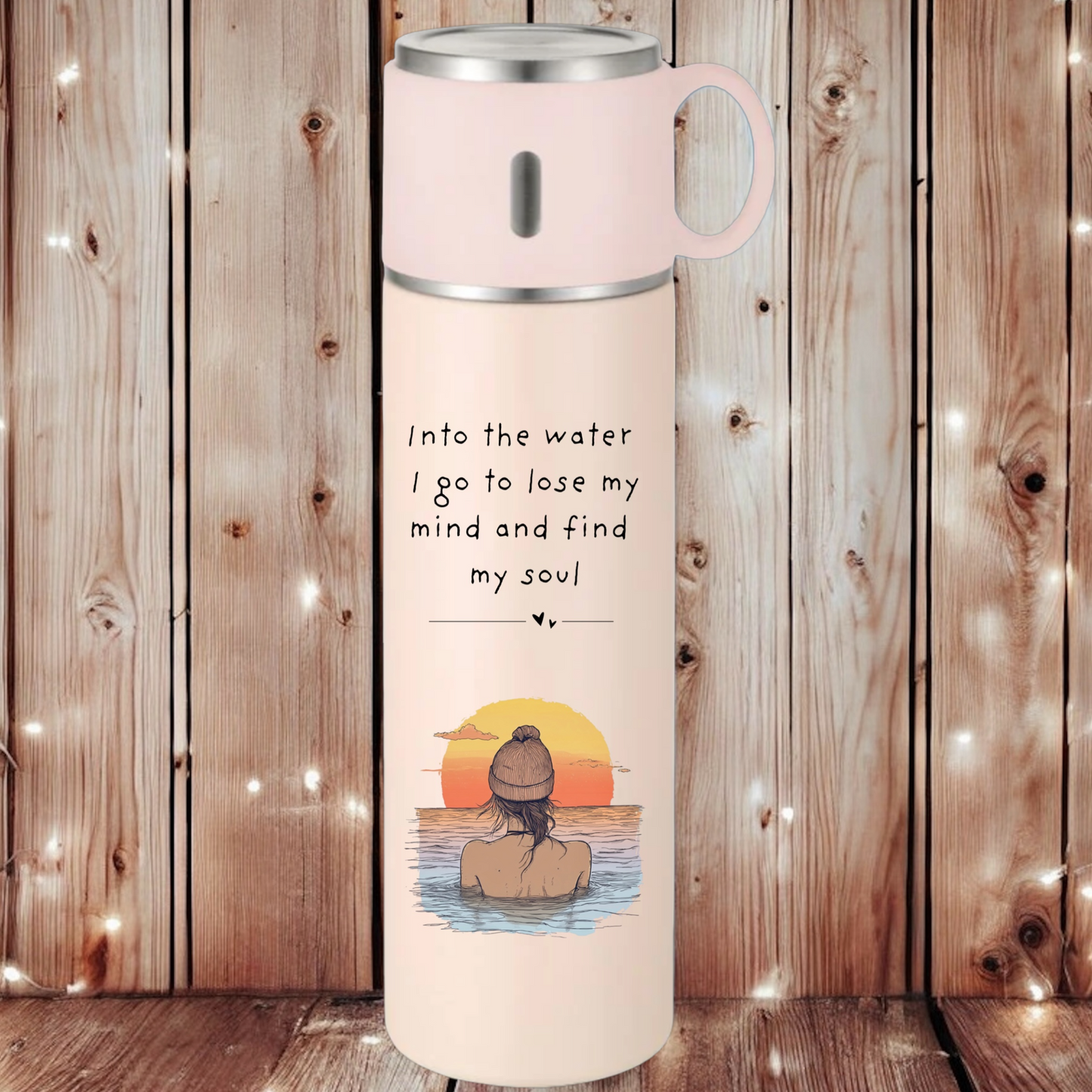 Wild swimming pink ‘into the water I go’ sunset thermos flask