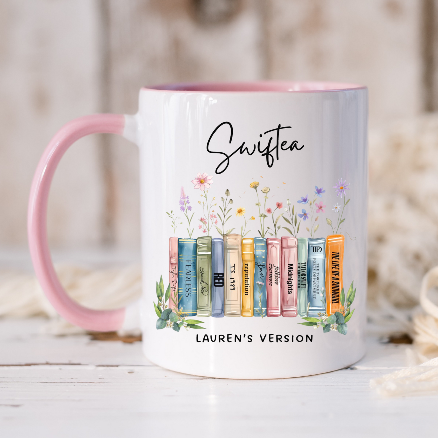 Swiftea albums as books mug with pink handle