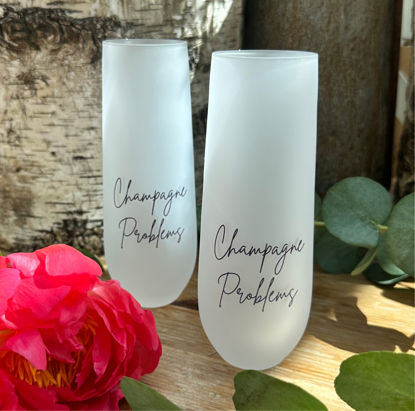 Champagne problems frosted stemless glass