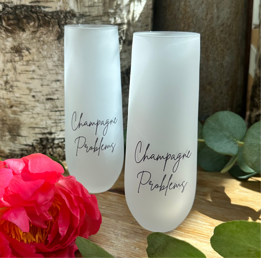 Champagne problems frosted stemless glass