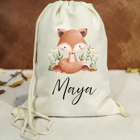 Personalised woodland drawstring linen gym bag