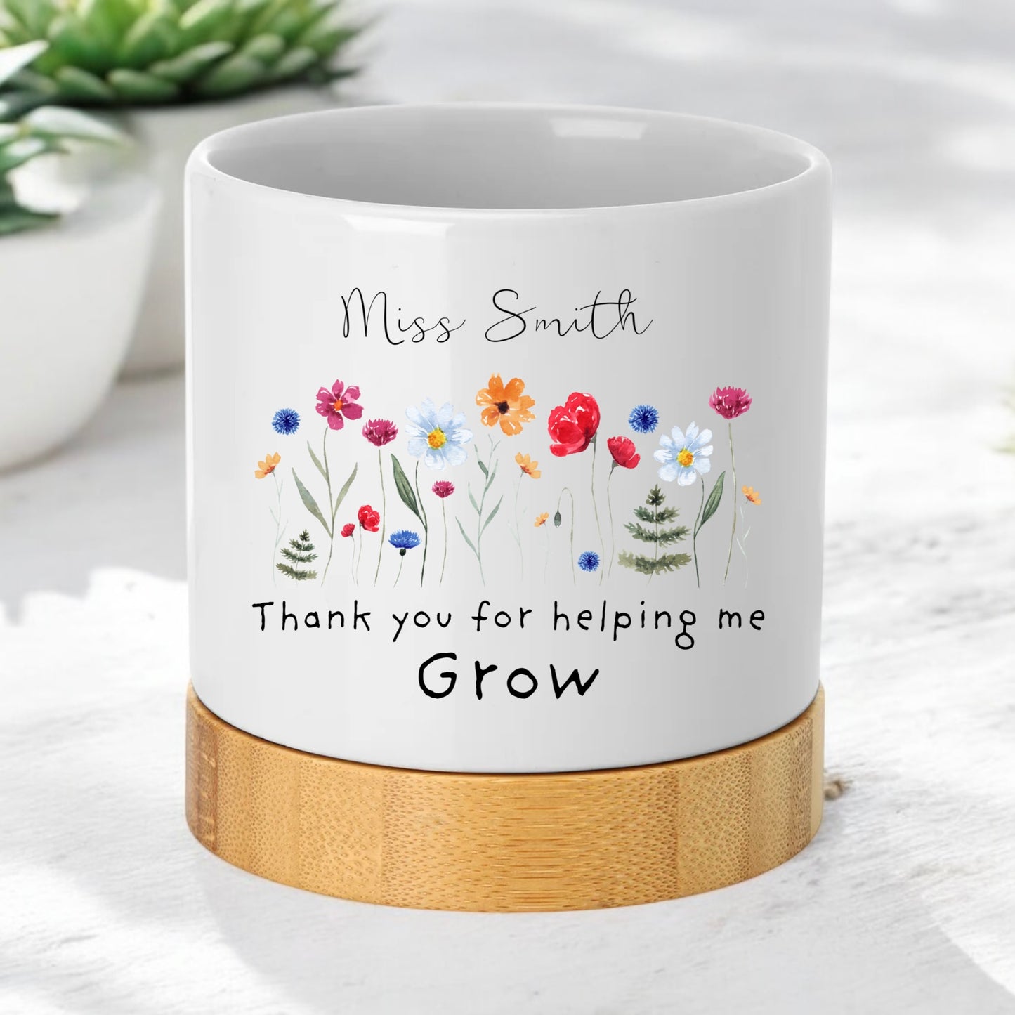 Thank you Teacher appreciation ceramic plant pot with bamboo base