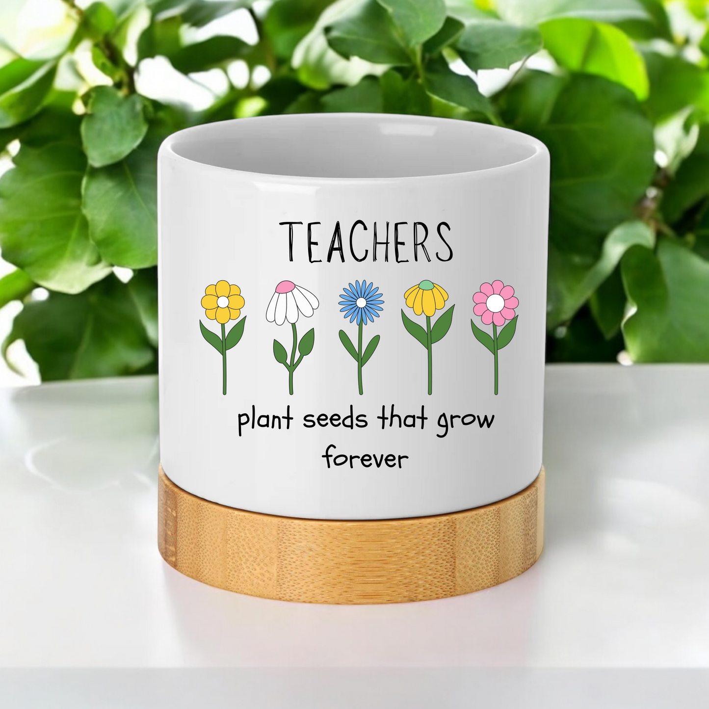 Teacher appreciation ceramic plant pot with bamboo base