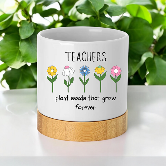 Teacher appreciation ceramic plant pot with bamboo base