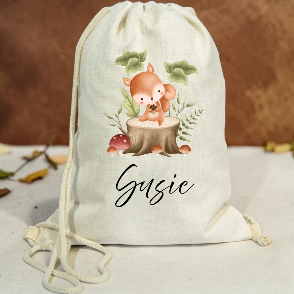 Personalised woodland drawstring linen gym bag