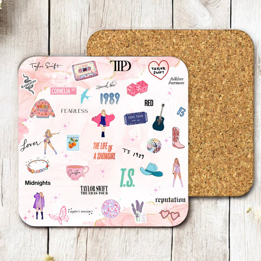 Icons and Eras pink Taylor square cork coaster
