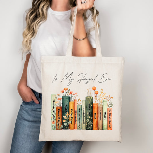 Showgirl album titles bookshelf tote bag