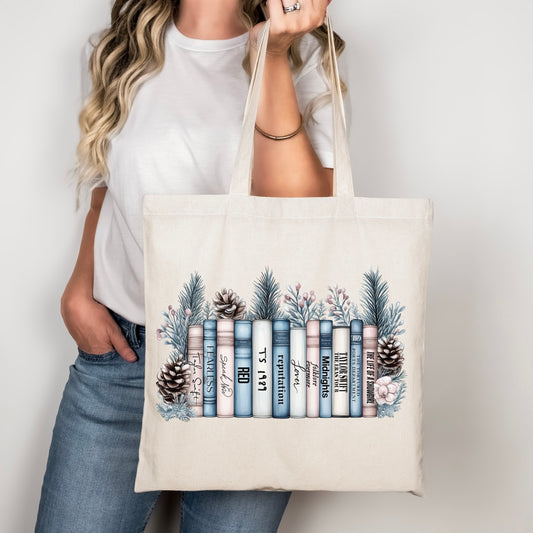 Winter bookshelf tote bag