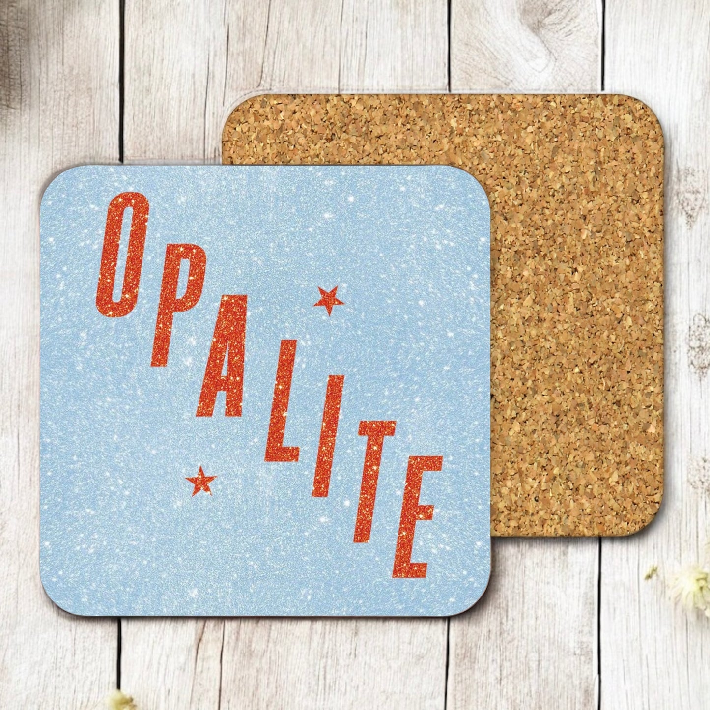 Opalite light blue square cork coaster