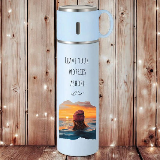 Wild swimming blue ‘leave your worries ashore’ sunset thermos flask