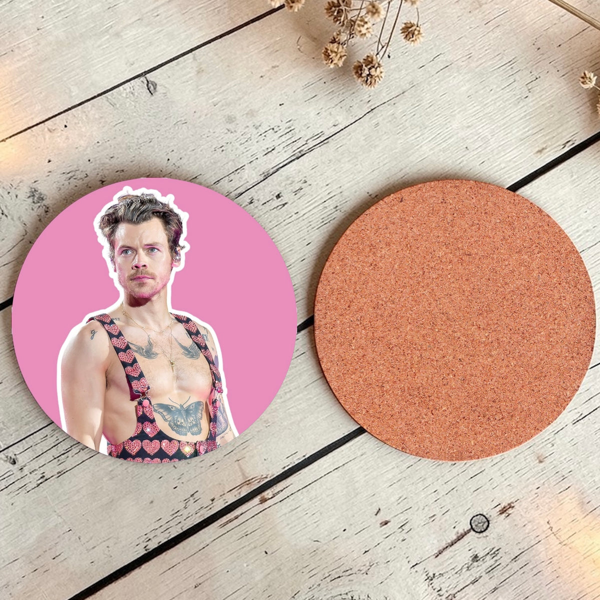 Harry Styles round pink coaster