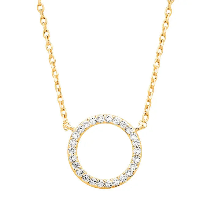 Large Pave Set Cz Circle Necklace - Gold Plated