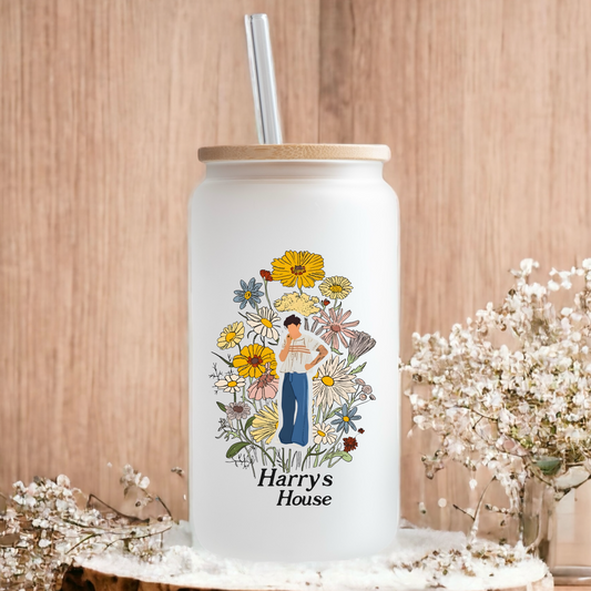 Harry Styles vintage style ‘Harry’s house’ floral frosted glass tumbler 550ml