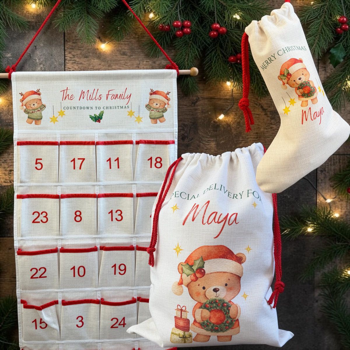 *Bundle* Personalised Linen style Large sack, stocking & advent calendar