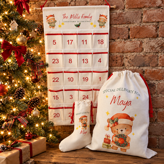 *Little Christmas Magic* Bundle 1 - Personalised Linen style Large sack, stocking & advent calendar