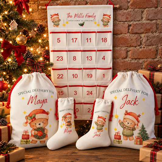 *Family Christmas Magic* Bundle 2 - Personalised Linen style Large sack, stocking & advent calendar