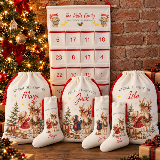 *Extra Christmas Magic* Bundle 3 - Personalised Linen style Large sack, stocking & advent calendar