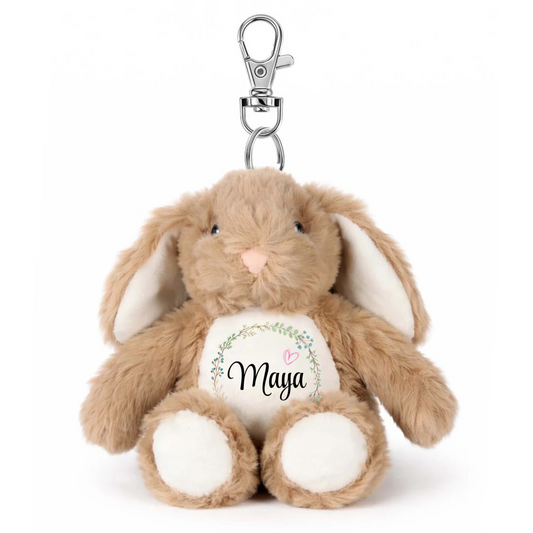 Mini personalised beige plush bunny bag charm keyring
