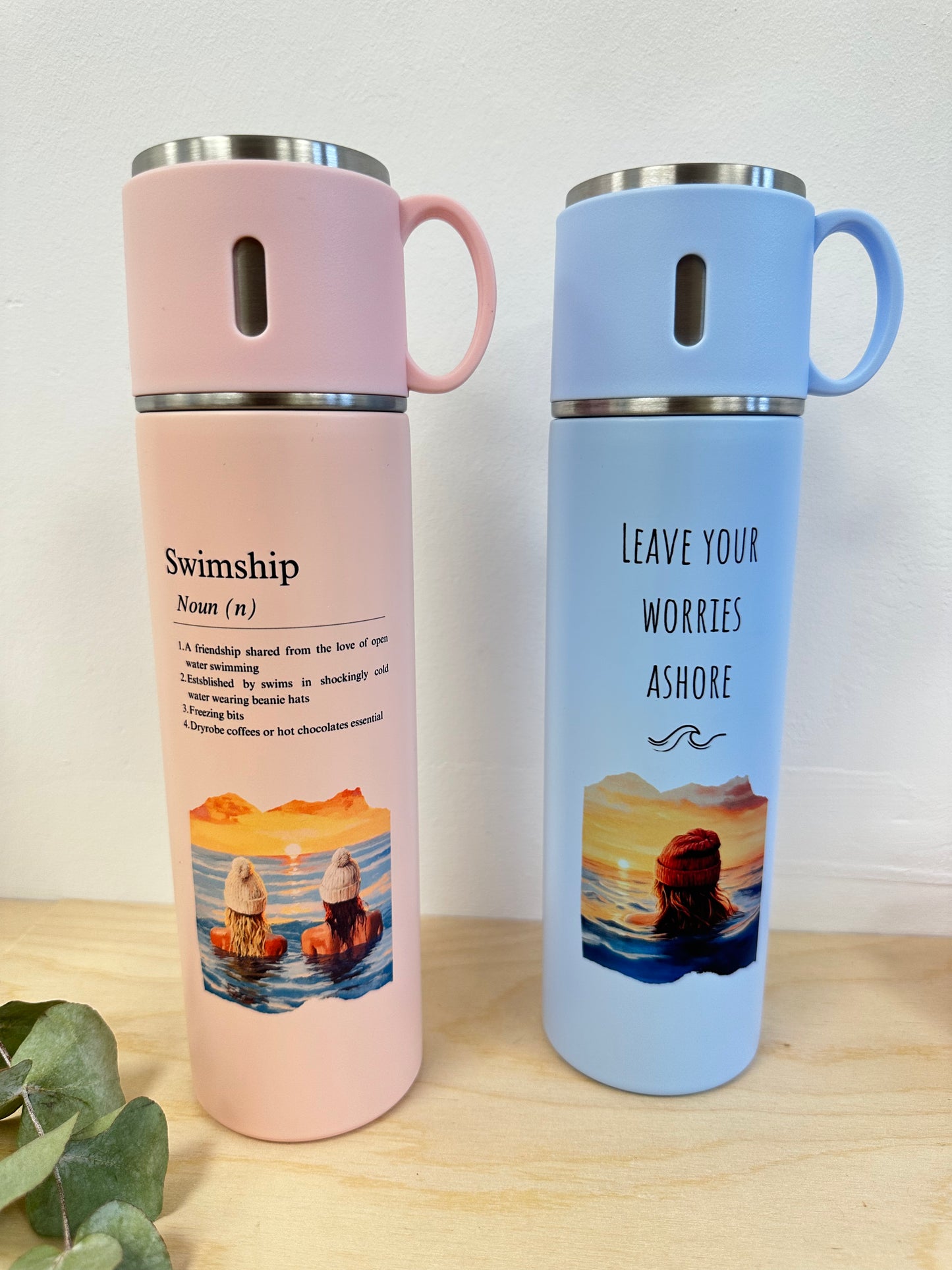 Wild swimming pink ‘into the water I go’ sunset thermos flask