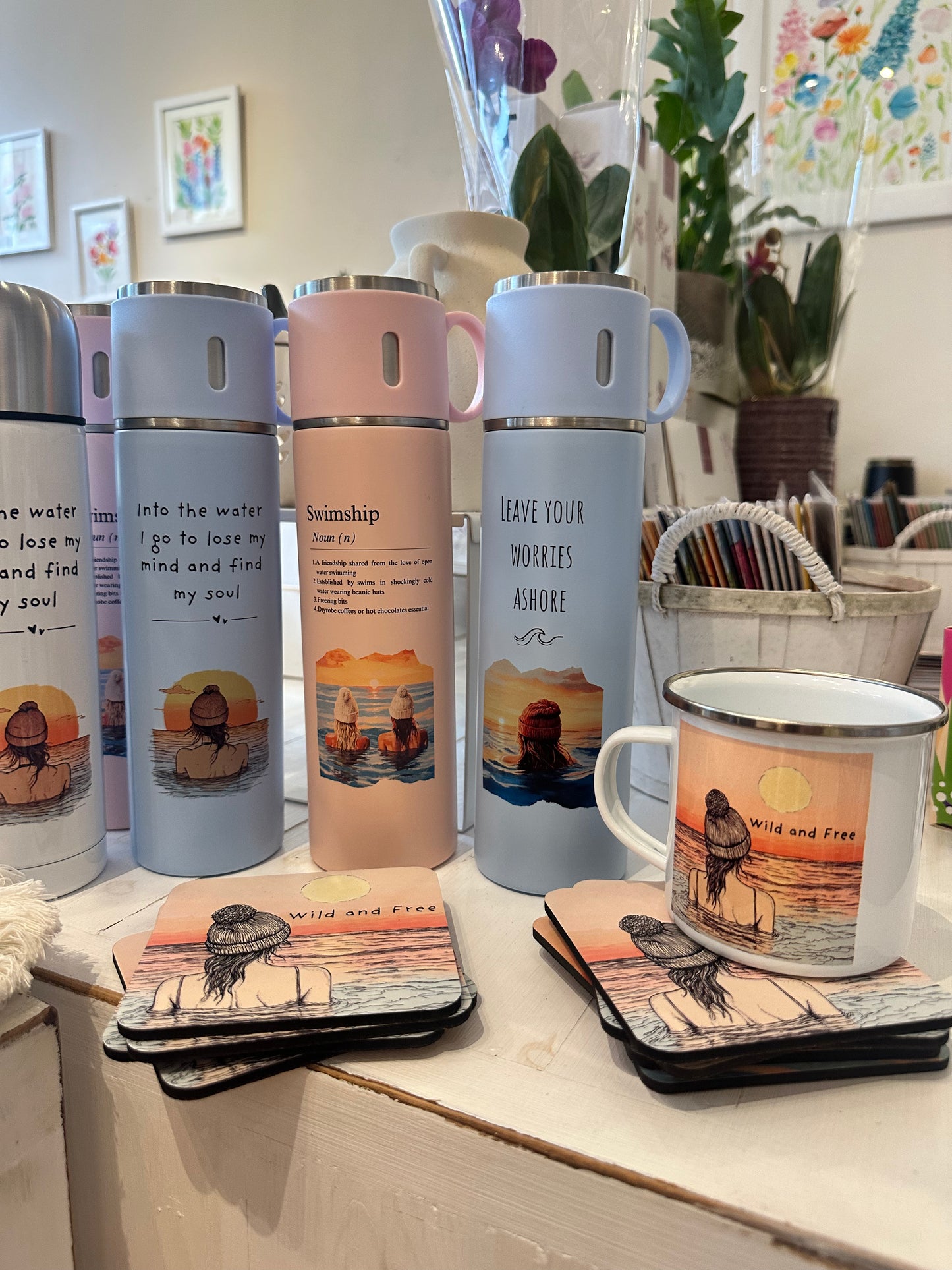 Wild swimming pink ‘into the water I go’ sunset thermos flask