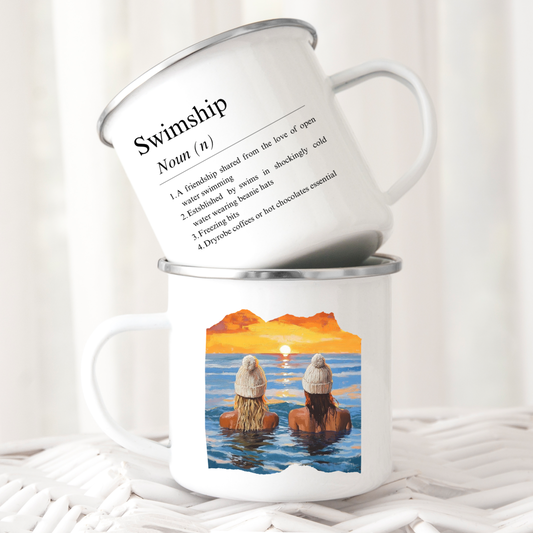 Wild swimming ‘Swimship’ dictionary style sunset enamel mug