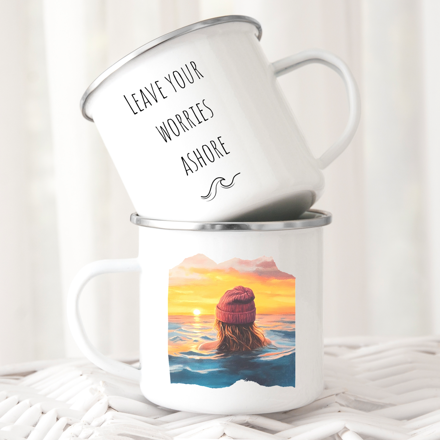 Wild swimming ‘leave your worries ashore’ sunset enamel mug