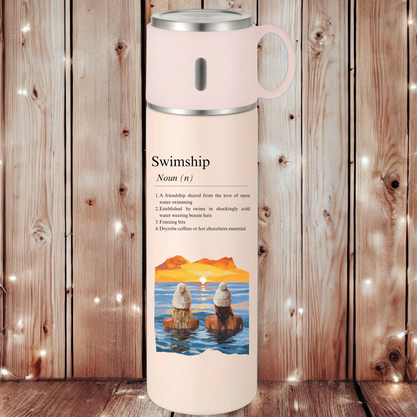 Wild swimming pink ‘swimship’ dictionary sunset thermos flask