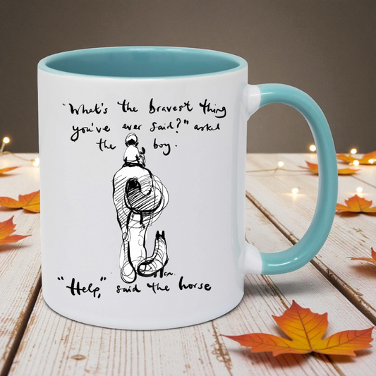 The boy, mole, fox & horse “help” mug Lake Blue